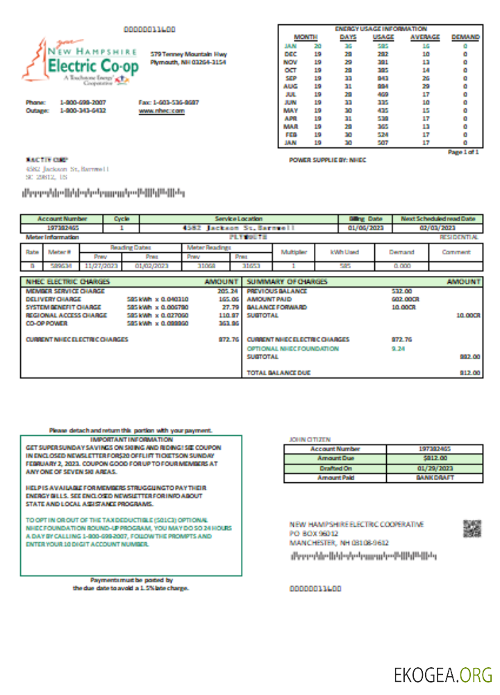 Facture commerciale du service public d'électricité de la New Hampshire Electric Co op, SCR